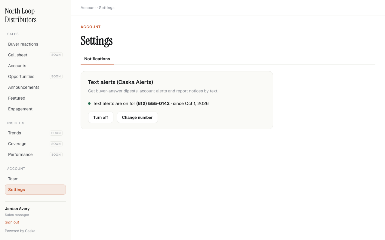 Caska Settings, Notifications tab, after consent: text alerts are on for the number entered, with Turn off and Change number buttons.