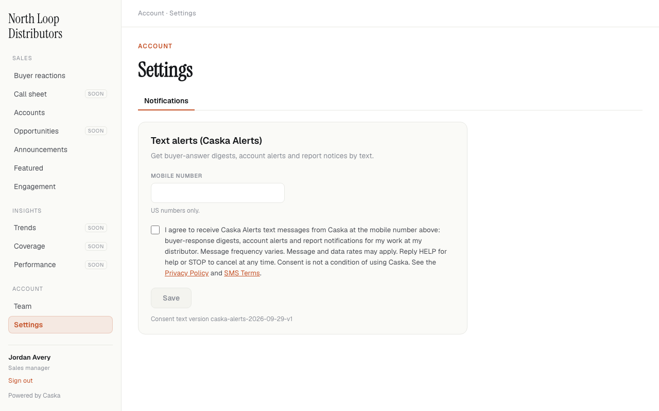 Caska Settings, Notifications tab, before consent: an empty mobile number field, an unchecked consent checkbox with the full consent text beside it, and a Save button.
